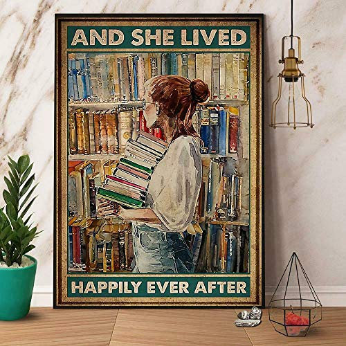 Eeypy Poster mit englischem Text Girl and Books and She Lived Happily Ever After, Metallschild, Eisenmalerei, Heim, Familie, Liebhaber, Geschenk, Metallschilder, Wanddekoration, 20.3x30.5 cm