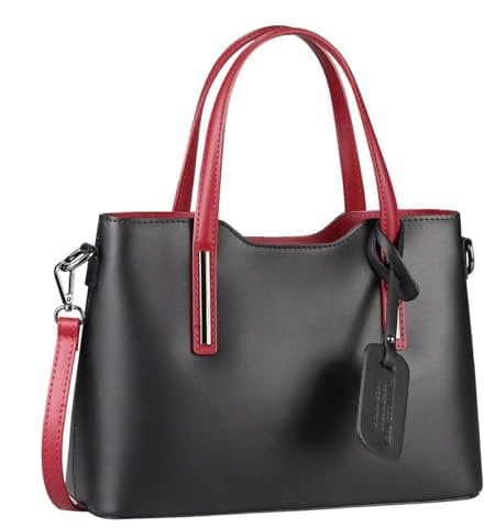 OBC Made IN Italy Damen Echt Leder Tasche Business Shopper Schultertasche Handtasche Ledertasche Umhängetasche Rindsleder Freizeittasche Schwarz-Rot