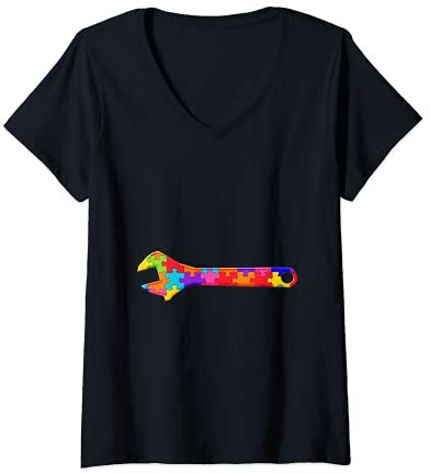 Womens Adjustable Wrench Plumber Tool Jigsaw Autism Puzzle V-Neck T-Shirt