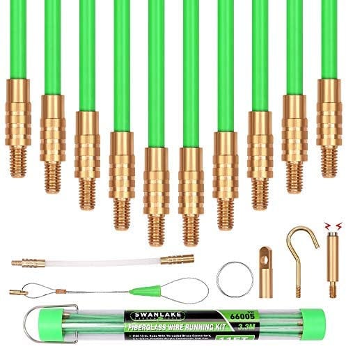 通用 11ft (3.35m) Fibreglass Electrical Fish Tape Kit - 16 Pieces Including 10 x 335mm Rods with Brass Connectors and Magnetic Tip - Ideal for Running Cable through Walls, Attics, and More