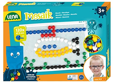 Lena 35629 Mosaik Steckspiel Set, Steckmosaik mit 120 Stecker, Mosaikstecker Ø 15 mm, Mosaikspiel für Kinder, Komplettset mit Steckplatte ca. 28 x 19,5 cm und Organizer, bunt, Mehrfarbig, Mittel