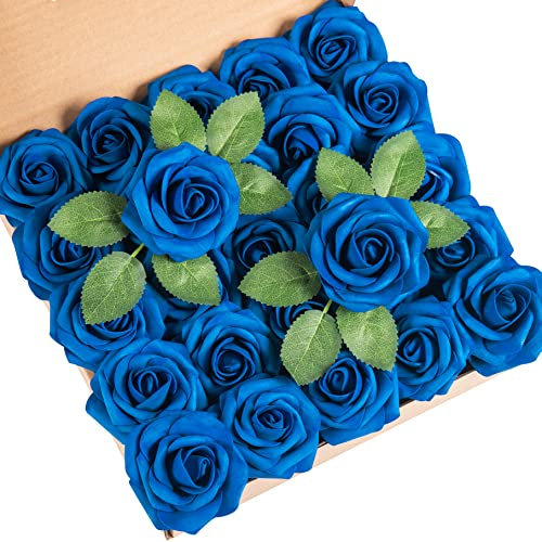 DuHouse Künstliche Rosen Blumen Fake Schaumstoff Rosen Köpfe mit Stiel Künstliche Blumen Rose für Hochzeit Home Party Baby Dusche Valentinstag Deko(25 Stück,Königsblau)