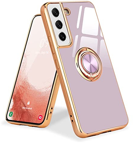 Urarssa Kompatibel mit Samsung Galaxy S22 5G Hülle Lila | Galvanik Glänzend Handyhülle Weiche Mode Case mit 360 Grad Ring Ständer Schutzhülle, Stoßfest