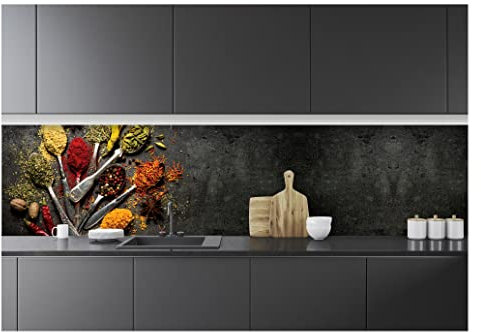 Fototapete Küche Abwaschbar Gewürze Kräuter Löffel - 250x60 cm Einteilig Premium Küchenrückwand - Inklusive Kleister Modern Küchentapete Fototapeten Vlies Tapete UV-Beständig Montagefertig