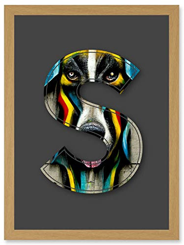 Wee Blue Coo Letter S Stripe Dog Face Multicoloured Decorative Graffiti Mural Alphabet Initial Stencil Artwork Framed Wall Art Print A4