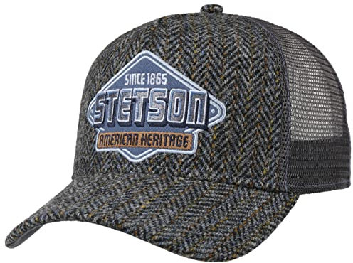 Stetson Harris Tweed Trucker Cap Damen/Herren One Size (ca. 56-59 cm) - Aus 100% Schurwolle - Mit Fischgratmuster und Logo-Aufnäher - Schirmlänge 7 cm - Meshcap Sommer/Winter grau One Size