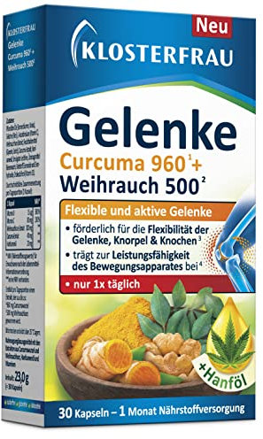 Klosterfrau Gelenke Curcuma 960 + Weihrauch 500 | Flexible und aktive Gelenke | trägt zur Leistungsfähigkeit des Bewegungsapparates bei | zuckerfrei | glutenfrei | laktosefrei | 30 Kapseln