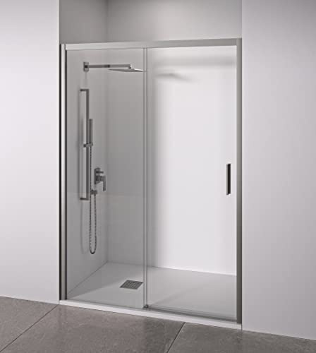 Mampara de ducha frontal 1 corredera + 1 fijo - sin perfilería inferior - Cristal transparente templado 6mm antical - Plata Brillo - Ancho adaptable 105 a 110cm - Posición puerta derecha - Alto 195cm