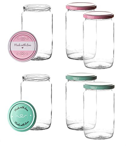 BigDean 6er Set Einmachgläser mit Deckel in rosa und pastell-grün in made with love Stil - 720ml groß - Sturzgläser Marmeladenglas