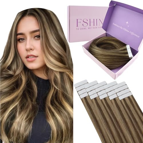 Fshine Extensiones Adhesiva Pelo Natural 16 Pulgadas 40CM Cabello Humano Marrón Resaltado Rubio 50g Invisible Trama Cinta En Adhesivo Extensiones Cabello 20 Piezas Color 4P27