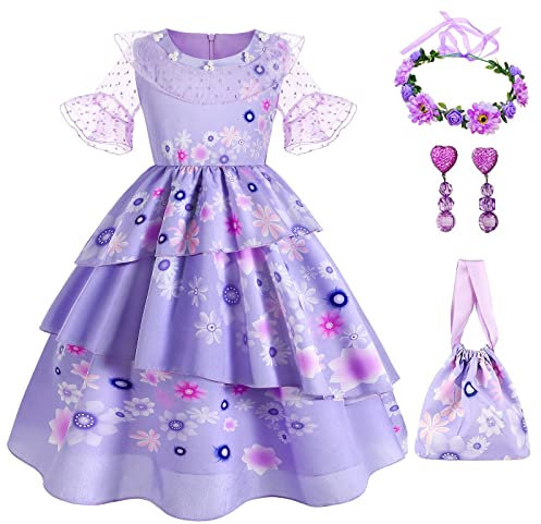 Robe Princesse Isabella Encanto pour Fille - Costume Violet avec Jupe Volumineuse - Déguisement Halloween, Noël & Anniversaire