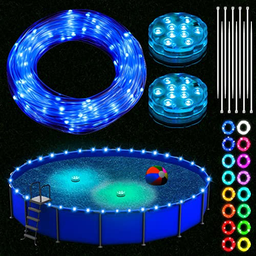 Kittmip Luci a LED per piscine fuori terra, 12 m, impermeabili, con telecomando, sommergibili, con 2 corde sommergibili per esterni che cambiano colore, accessori per piscina, decorazione per