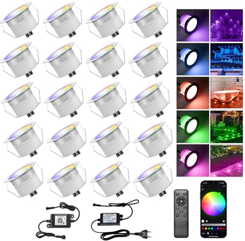 20er Set LED Bodeneinbauleuchten Aussen RGB Ø31mm WiFi Terrasse Einbaustrahler Led Terrassenbeleuchtung IP67 Wasserdicht mini LED spot Boden Licht mit Fernbedienung Kompatibel mit Alexa Google Home