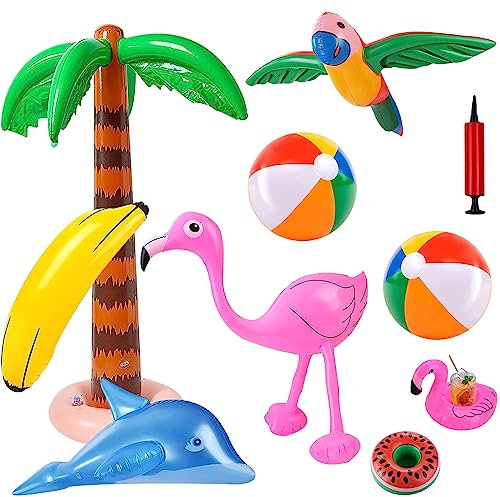 IWTBNOA Aufblasbare Palmen Spielzeug Set mit Luftpumpe, 10 Stück Strand Spielzeug, Kokosnussbaum, Flamingo, Papageien, Delphin, Strandball, Banane, Wassermelone, Hawaii Deko Themenparty, Luau Party