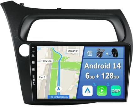 YUNTX Android 14 [6GB+128GB] 2 DIN Autoradio para Honda Civic (2006-2011)-[Integrado CarPlay/Android Auto/DSP/GPS]-IPS 2.5D 9”Touch Screen-Cámara+Mic-Dab/Bluetooth 5.0/360 Cámara/Control del Volante