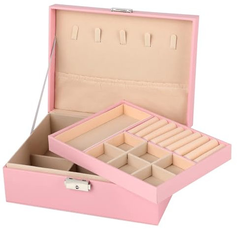 CHARMDI Jewellery Box for Women, 2 Layer Large Jewellery Organiser with Lock Removable Tray, PU Leather Jewellery Box for Necklace Earrings Rings Necklaces Watches Bracelets, Pink