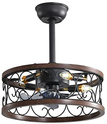 WDENI Caged Ceiling Fan with Lights and Remote, 17.7 Industrial Ceiling Fans with Lamps, Vintage Fan Light with 6 Speeds DC Motor Timer for Living Room Kitchen Bedroom Farmhouse (Wood)