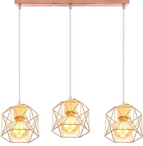 PETITES ECREVISSES Suspension Luminaire Industrielle 3 Lampes Vintage E27 Lustre Abat-jour en Métal Design pour Salon Chambre Cuisine (Or rose-Bois-une barre)
