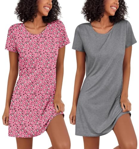 Ekouaer Nightgowns for Women 2 Pack Short Sleeve Sleapwear Soft Sleep Dress Night Shirt Womens Nighties Multipack Ladies Nighties 2 Pack, Pink heart+Grey, XL