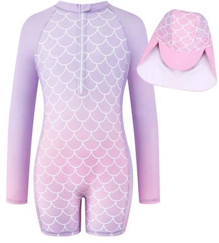 JiAmy Girls Swimming Costume One Piece Swimsuit Long Sleeve Zipper Swimwear UV Sun Protection Rash Guard Bathing Suit Mermaid Swimming Suit with Swim Hat for Girls Purple Mermaid 6-7 Years