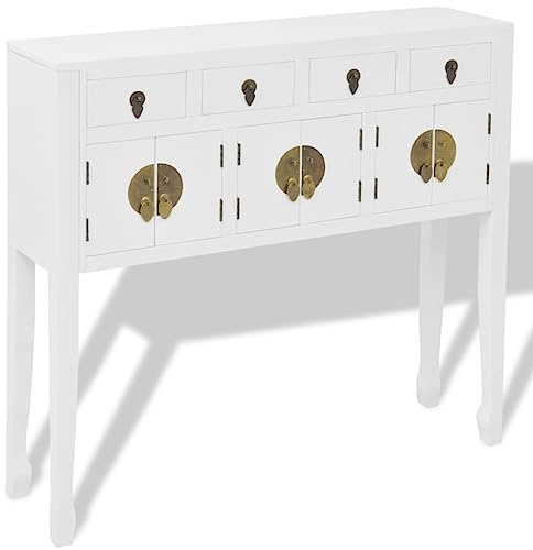 Makastle Meuble de Rangement, Armoire Latérale, Salon Chambre Entree Meuble d'Entrée de Rangement, Buffet, Armoire Accent, en Style Chinois en Bois Massif Blanc