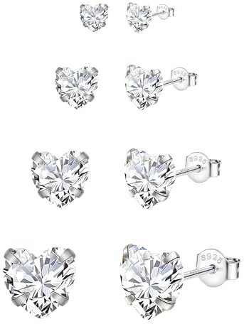 Hinvan 4 Paires Boucles d'oreilles en Argent Sterling 925 Diamant Boucles d'oreilles Clous Femme Boucles d'oreilles Coeur Avec Zircone 3mm/4mm/5mm/6mm Boucles d'oreilles Argent pour Femmes Filles