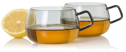 AdHoc TK62 Set aus zwei Glas-Tassen mit Griff YUNA 400 ml | Premium Tee-Tassen aus Borosilikatglas | mundgeblasene Unikate im skandinavischen Design | ideal auch als große Kaffee-Tassen