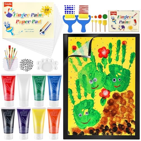 Caydo Kids Paint Kit Washable Finger Paint Set with 8 Colours Finger Paints(60ml),Paint Paper, Sponge, Brushes, Palette, Magnetic Picture Frame,Non-Toxic, Children Drawing Gift Kids Painting Set
