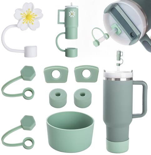 Yuecda Stanley Cup Accessories Set - Silicone Spill-Proof Stopper (6), Straw Cover Cap (2), Silicone Boot - 40oz & 30oz Matcha Green