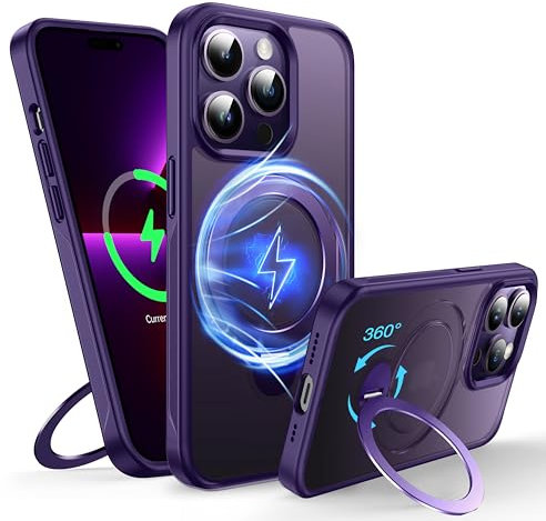 FNDMIL 360°Drehbarer Magnetisch für iPhone 14 Pro Hülle mit MagSafe [Rutschfester Textur][Unsichtbarer Ständer][Militär Schutz] Translucent Matt Hardcase mit Silikon für iPhone 14 Pro Case Dünn,Lila