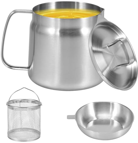 Deep Fat Fryer Strainer, 1.5L Stainless Steel Frying Pot with Filter Lid & Frying Basket, Bacon Grease Container with Strainer Pot for Storing, Frying, and Cooking Grease