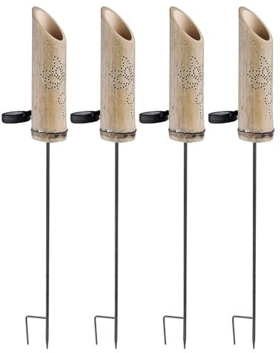 GLOBO Steckleuchte Bambus Solarleuchte Erdspieß Bambuslampe Solar, Dekor-Stanzungen, grün, LED warmweiß, DxH 12x79,5 cm, 4er Set