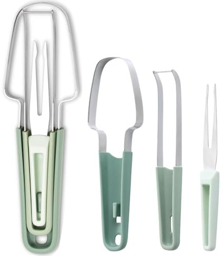 3 in 1 Obstschneider, Melonenschneider, Mango Schneider, Edelstahl + PP-Material, überlappend, leicht zu tragen, multifunktionaler Obstspalter für das Modell Schneiden/Grabenmesser/Obstgabel (Grün)