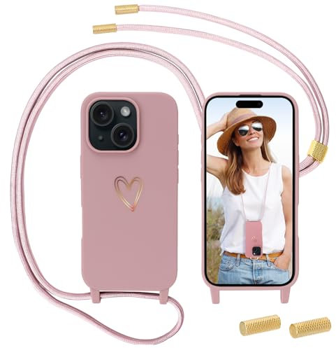 Anfire Handyband kompatibel mit iPhone 15 Hülle mit Band, MoEvn für iPhone 15 Necklace Handyhülle mit Kordel für zum Umhängen Herz Muster Silikon Case Stoßfeste Schutzhülle mit Abnehmbar Kette, Rosa