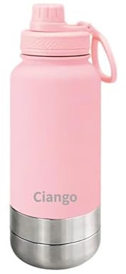CIANGO: Bouteille d'eau en acier inoxydable portable de 1 litre avec deux bols à dévisser pour l'eau et la nourriture - Accesseurs pour animaux domestiques - voyage (rose, 1 litre)