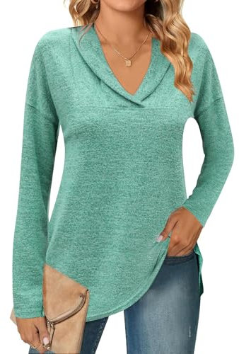 Famulily Fall Winter Long Sleeve Sweatshirt for Women, Shawl Neck Polo Shirt Loose Fit Jumper Sweaters Tunic Tops (XL, Green)
