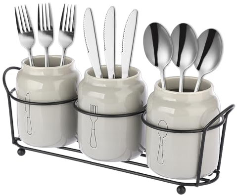 SUMTree 3-Piece Ceramic Silverware with Metal Rack, Utencil Holder Flatware Caddy Spoon Holder Cultery Organizer for Countertop, Kitchen Table, Cabinet or Pantry, Grey