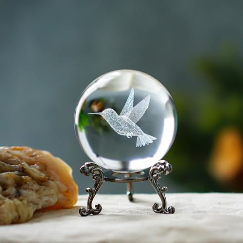 vskikris 60mm Kristall Kugel 3D Laser Kolibri Figur - Glas Briefbeschwerer & Dekorative Kugel mit Ständer - Glaskugel Ornamente für Zuhause & Büro Dekor, Geschenke für Frauen Mädchen Frau Tochter