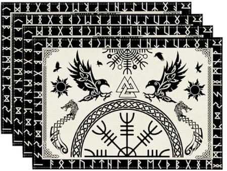 Artoid Mode Weiß Wikinger Baum des Lebens Rabe Helm der Ehrfurcht Platzsets 4er Set, 30x45cm Urlaub Tischsets Platzdeckchen Küche Party Deko