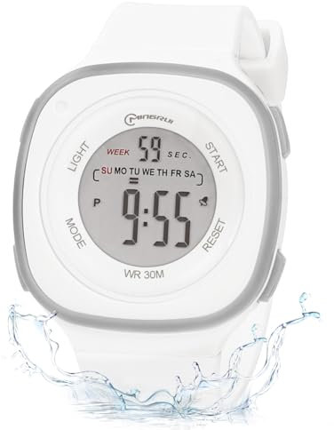 OFFCUP Digital Uhren für Kinder, Wasserdicht Kinderuhr Digital, Kinder PU Armbanduhr Sports Outdoor Digitaluhr mit Wecker Datum Stoppuhr Led Lichter Uhr-Weiß