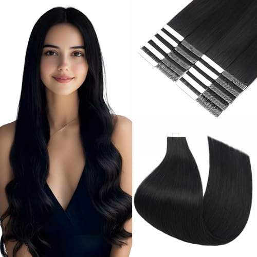 Silk-co Doppelt genähte Tape Extensions Echthaar 20stk40g, Tape in Echthaar Extensions, Invisible Tape Extensions Human Hair, Haarverlängerung Echthaar #01 Rabenschwarz 30cm