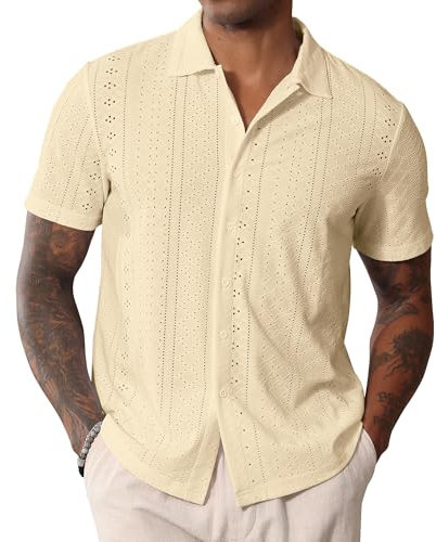CTU Mens Short Sleeve Shirt Button Down Cuban Collared Shirts Casual Summer Beach Shirt Khaki