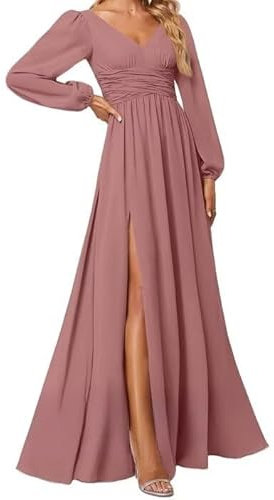 YIANN Abito da damigella d'onore a maniche lunghe da donna con fessura plissettata in chiffon, rosa antico, 58