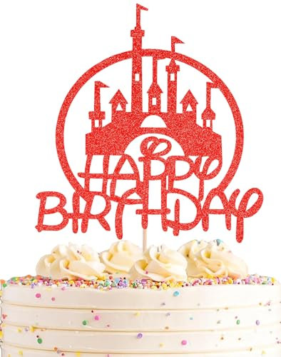 Castle Birthday Cake Topper - Red Glitter Castle Theme Birthday Party Cake Decoration Supply - Princess Prince Happy Bday Cake Topper Photo Prop