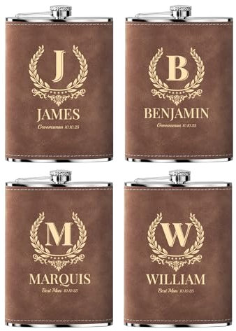 Flasque a Alcool Fiole Personnalisé 4 Pièces Whisky Acier Inoxydable 304 Cadeaux de Mariage Flask Cuir Gravé Marron 8oz
