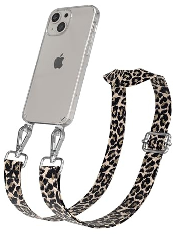 EAZY CASE Handykette - Verstellbares Taschenband kompatibel mit iPhone 13 Mini, Schulterriemen, Handykordel mit Silikon Hülle, Umhängetasche, Leo - Schwarz Beige Silber