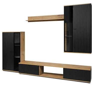 AXLIVING Hochwertige Wohnwände Formilo 240cm Eiche Artisan/Schwarz mit Lamellen