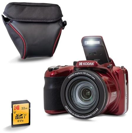 KODAK Pixpro AZ425 - Fotocamera Bridge da 20 MP con zoom ottico 42x + custodia protettiva + scheda SD da 32 GB - video Full HD 1080p, grandangolo 24 mm, stabilizzatore, schermo LCD da 3 - rosso