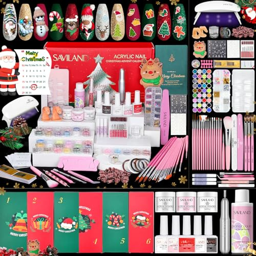 SAVILAND Acrylic Nail Kit with Everything: Nails Acrylic Set for Beginner | Christmas Advent Calendars, Premium Acrylic Powder Xmas Stickers 24 Days Christmas Manicure For Women Limited Winter Holiday