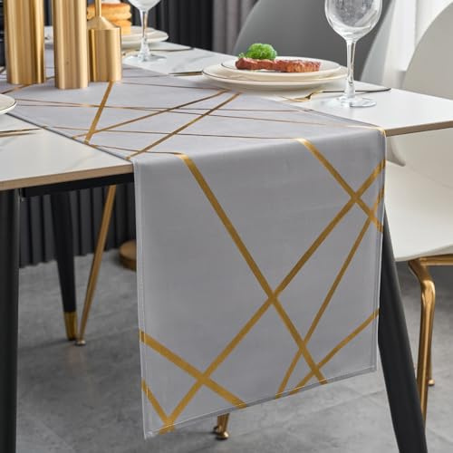 Brylleii Tischläufer Modern Grau Glänzend Gold Geometrie 33x140 Luxus Tischdeko Tischband Abwaschbar Kurz Landhausstil Vintage Tischdecke Dekoratives für Couchtisch Esstisch Küche Urlaub Hochzeit